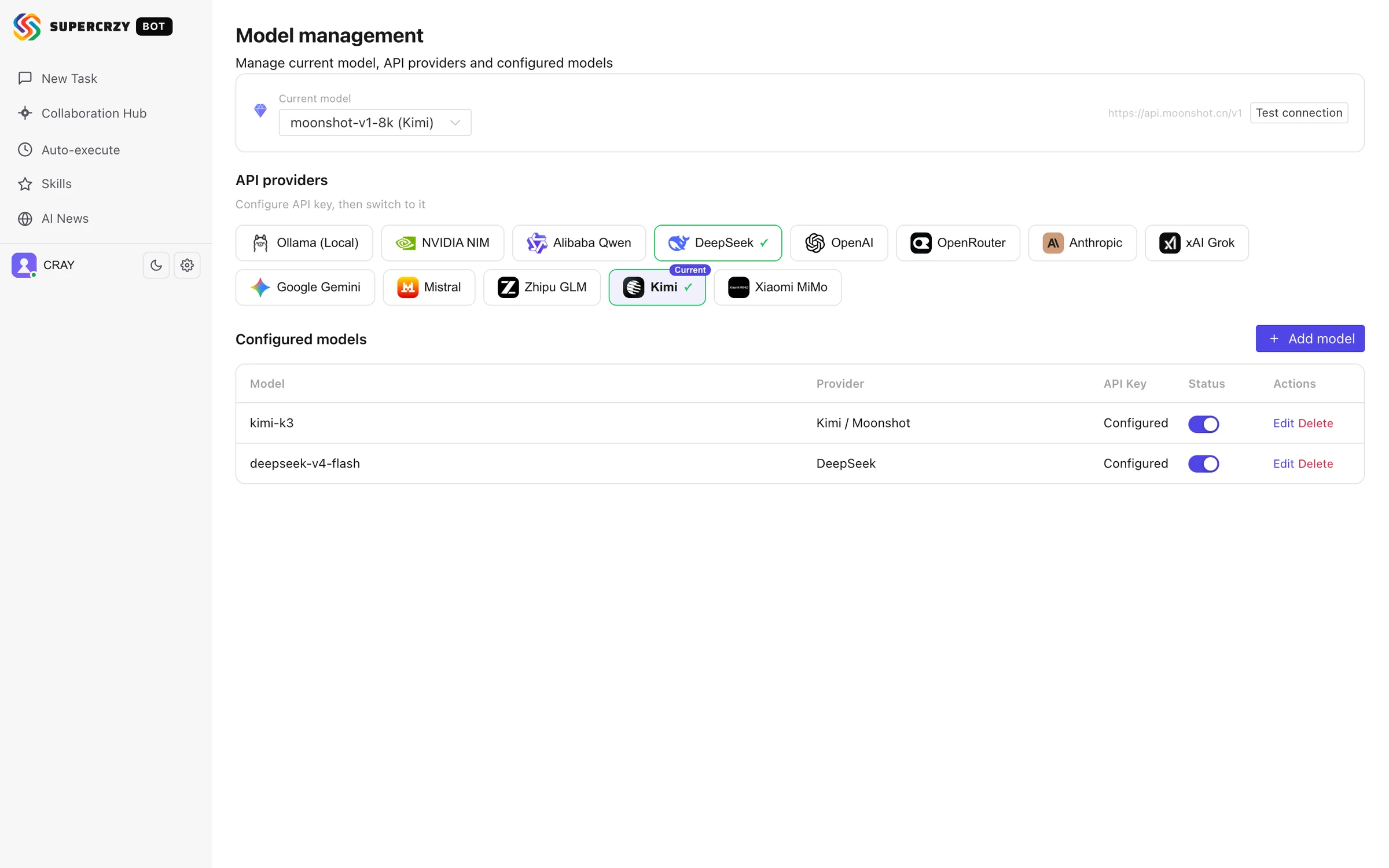 SuperCrzy Bot — model management listing thirteen API providers