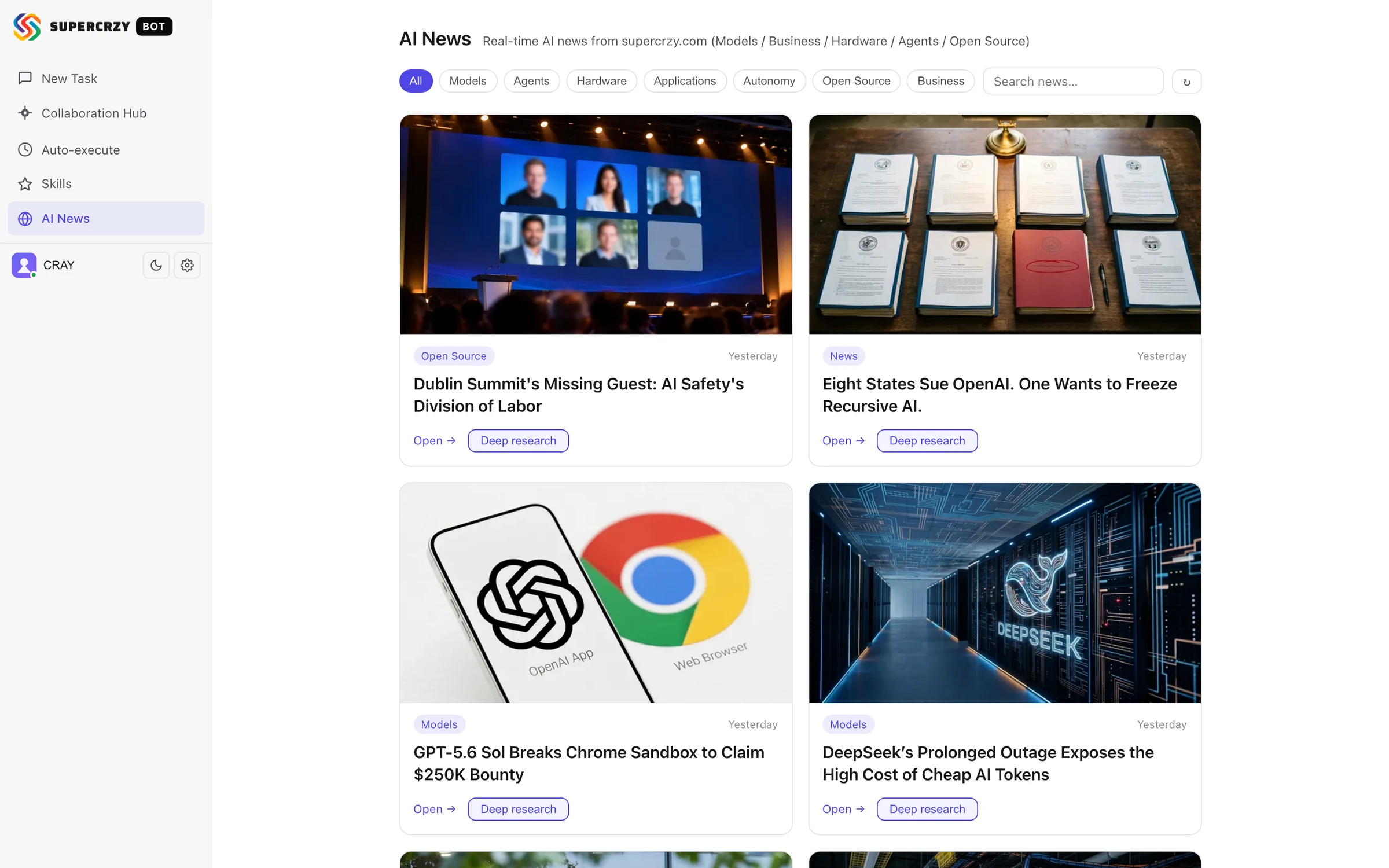 SuperCrzy Bot — the in-app AI news board, reading the in-house feed