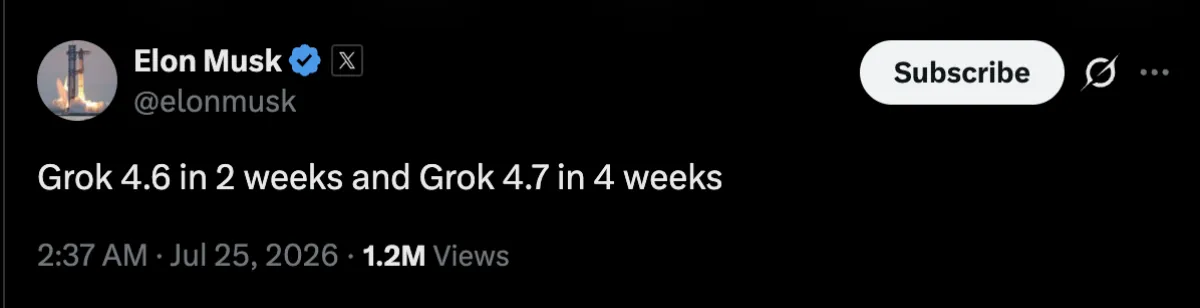 Grok 4.6 in Two Weeks, Grok 4.7 in Four. Musk Just Put AI on a Monthly Release Clock.