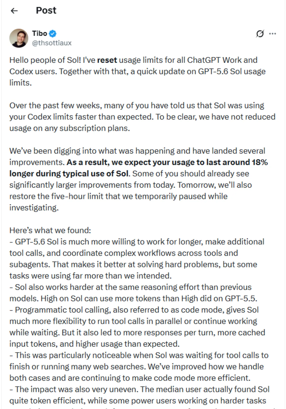 OpenAI Fixed Sol's Usage Drain. The Problem Wasn't a Bug.